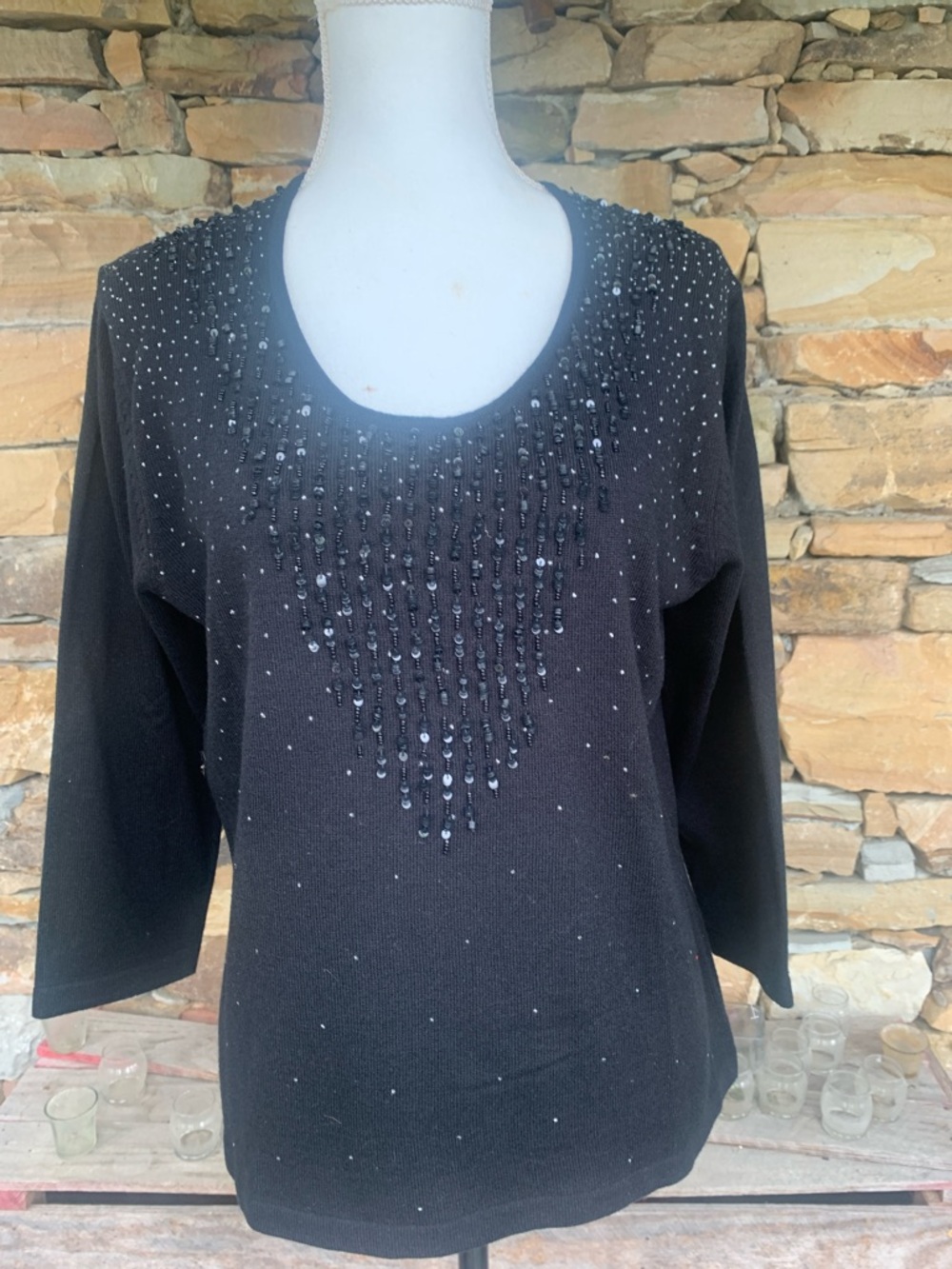 Cathy Daniels Black Sequin Front 3/4 Sleeve Crewneck Sweater
